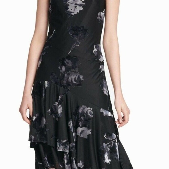 DKNY Black Asymmetrical Floral Print Party‎ Dress - Picture 3 of 6